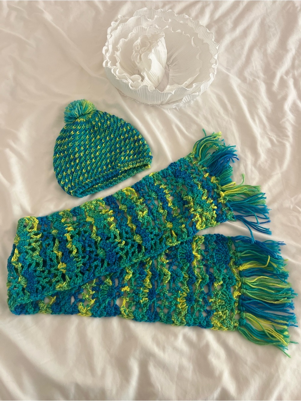 Hand-knitted yarn hat and scarf set